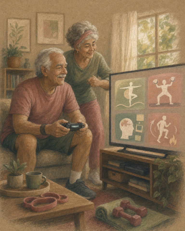 Sênior jogando e se exercita