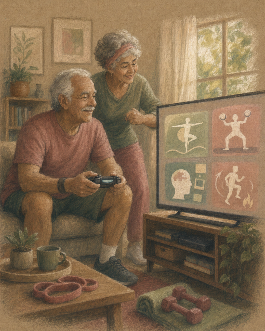 Sênior jogando e se exercita