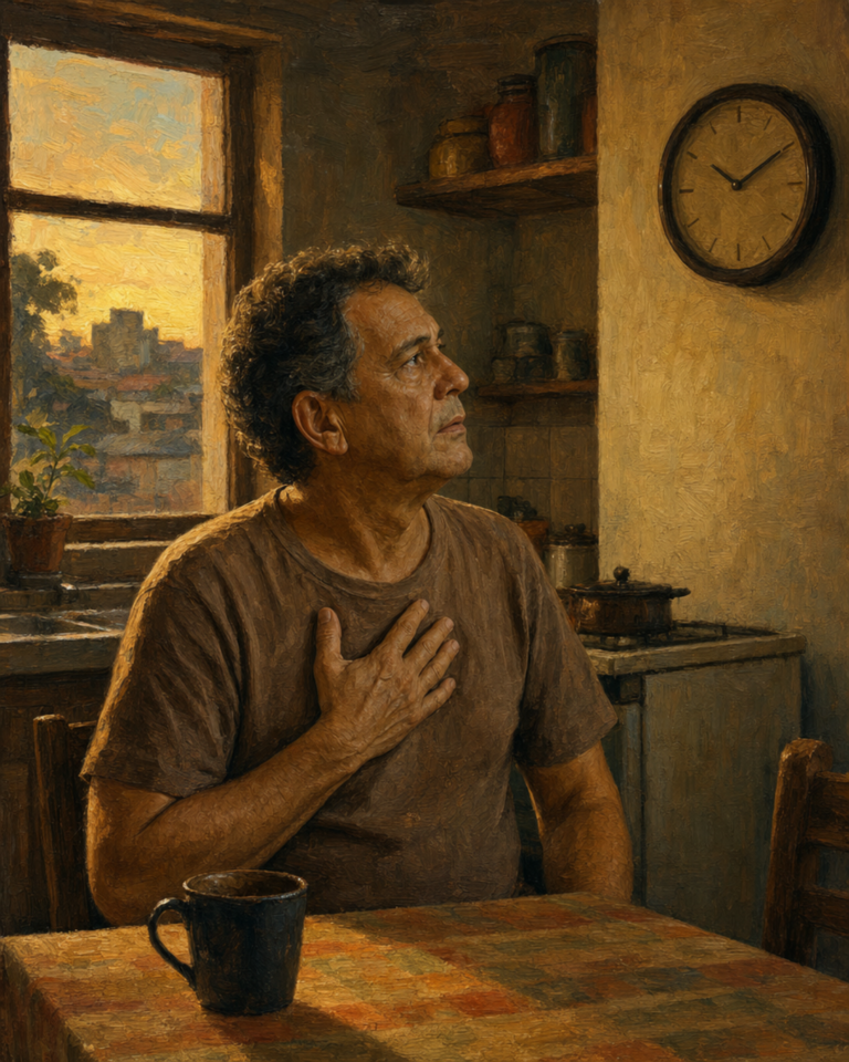 Mão sobre o peito ao entardecer