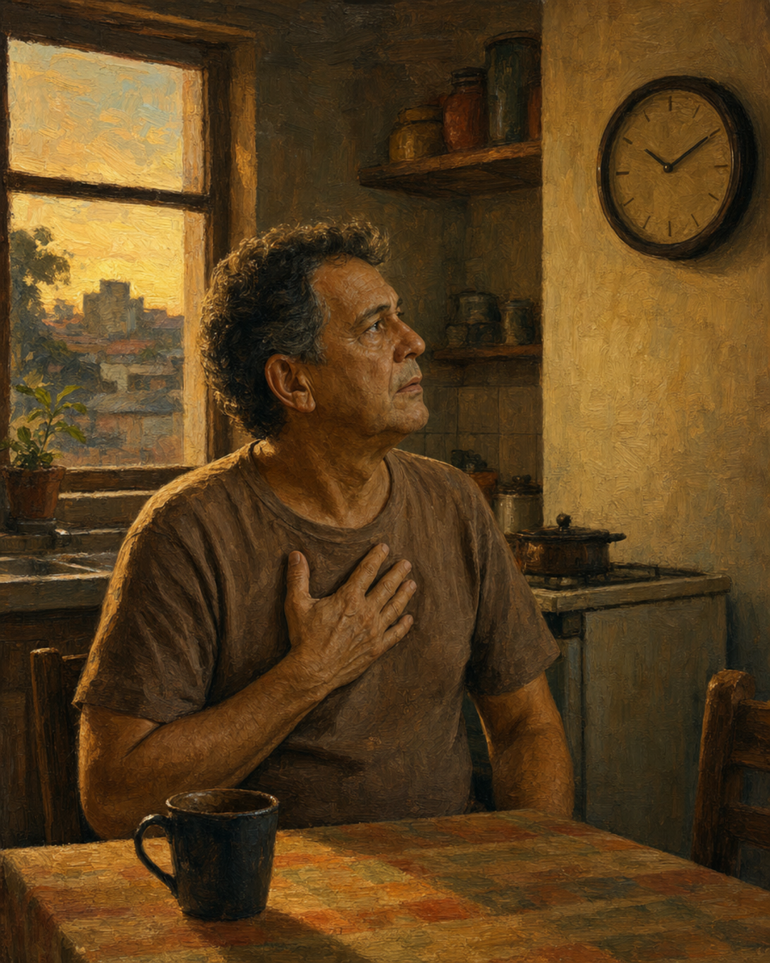 Mão sobre o peito ao entardecer