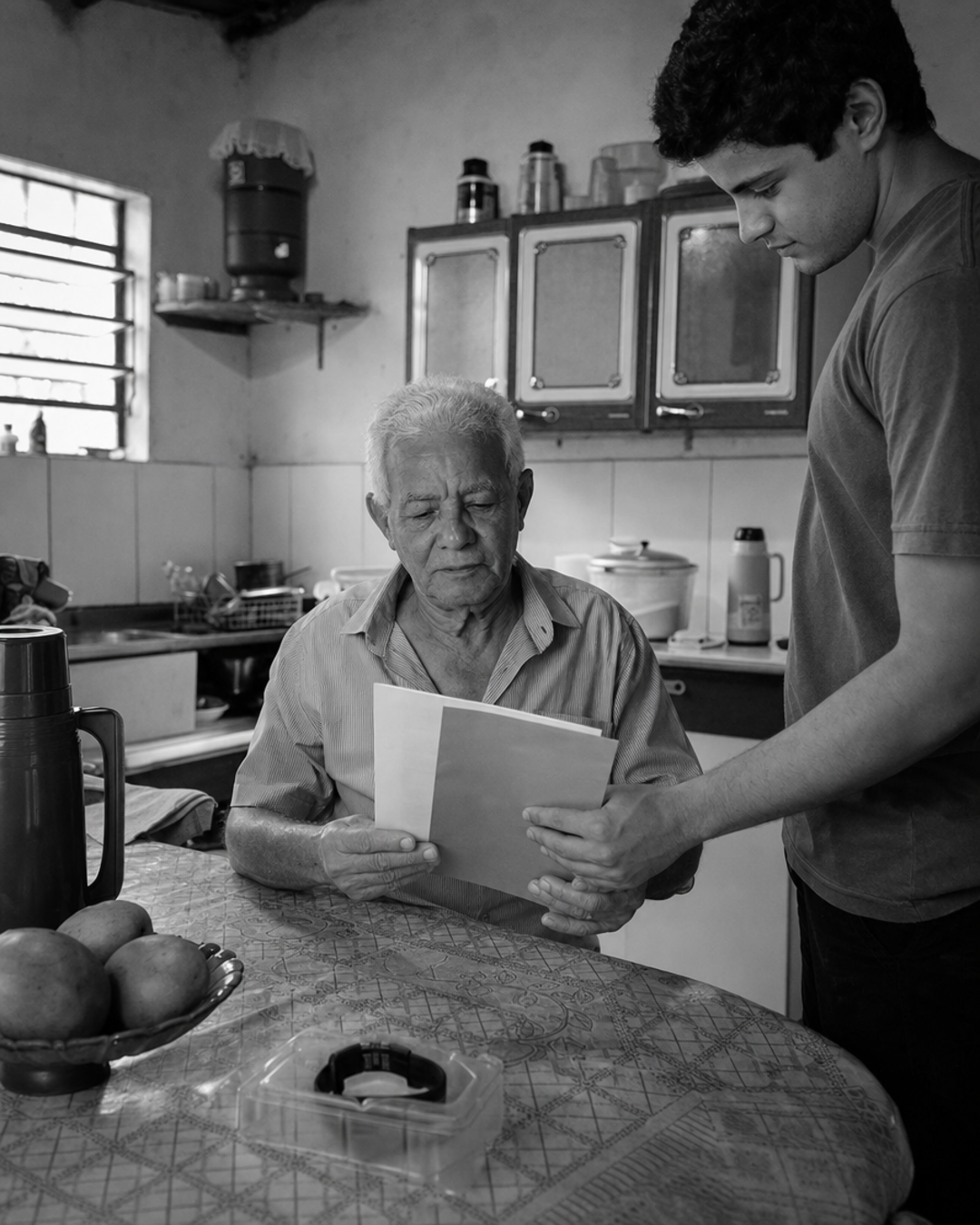 Idoso recebendo documento judicial em casa