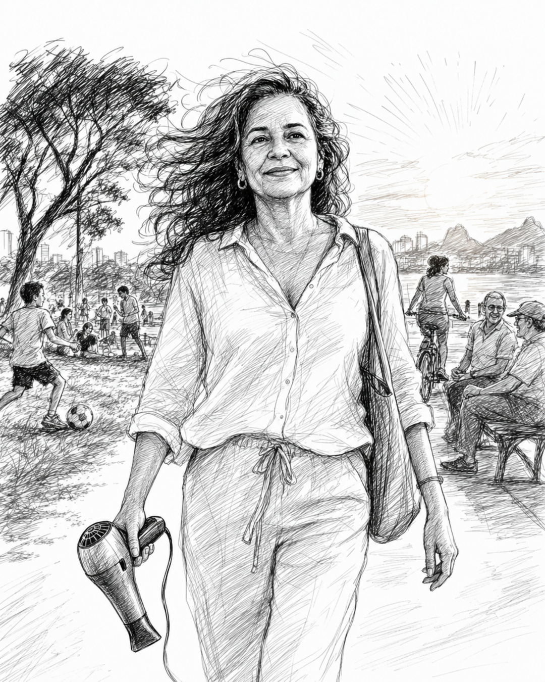 Mulher de cabelos ao vento segurando secador, sorrindo, luz de fim de tarde