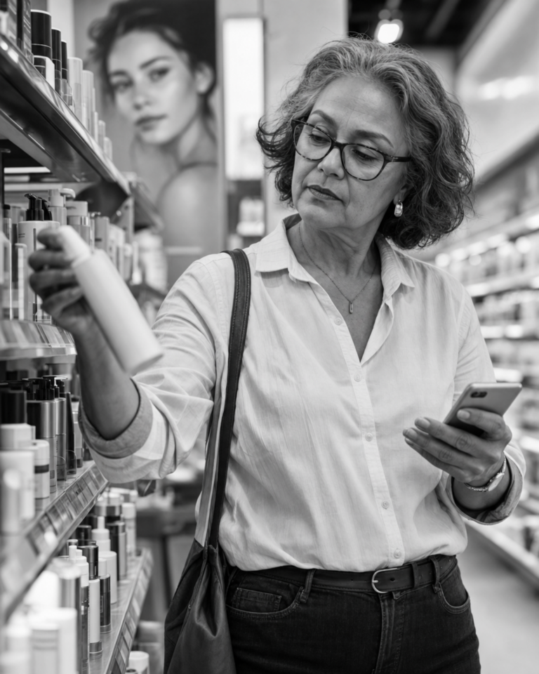 Mulher 50+ pesquisando produto de bem-estar no celular
