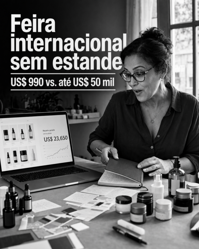 Empreendedor acompanha vitrine digital de cosméticos em feira internacional