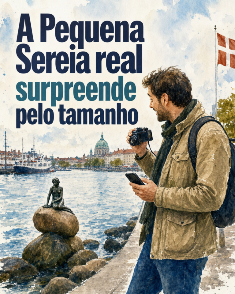 Turista admira a Pequena Sereia em Copenhague