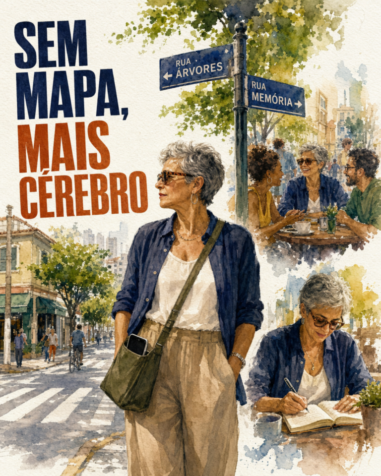Pessoa caminhando sem celular por rua arborizada
