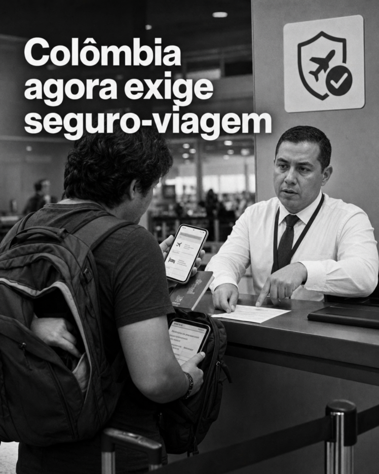 Passaporte e seguro na fila do aeroporto