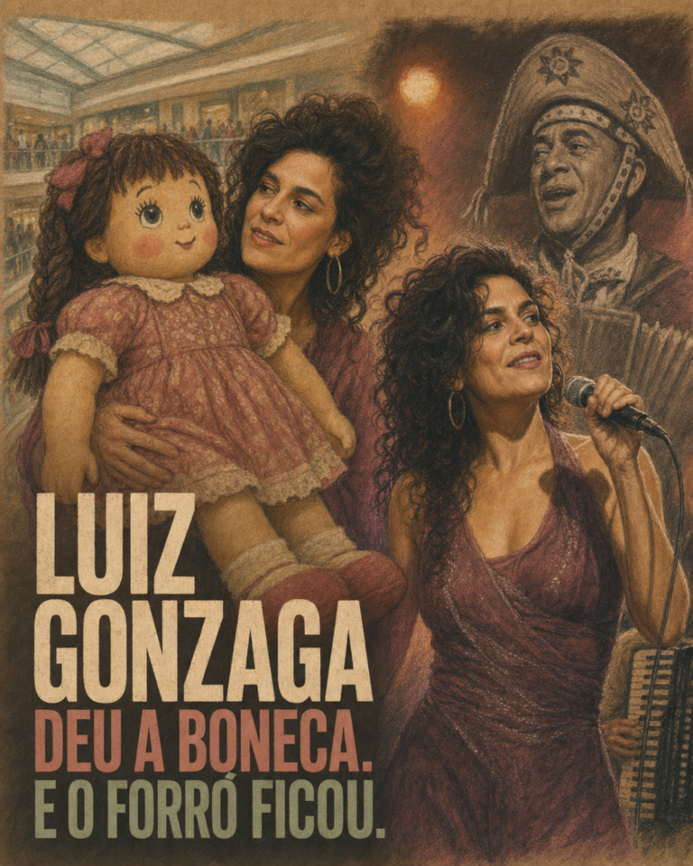 Mariana Aydar ao microfone com projeção de Luiz Gonzaga ao fundo