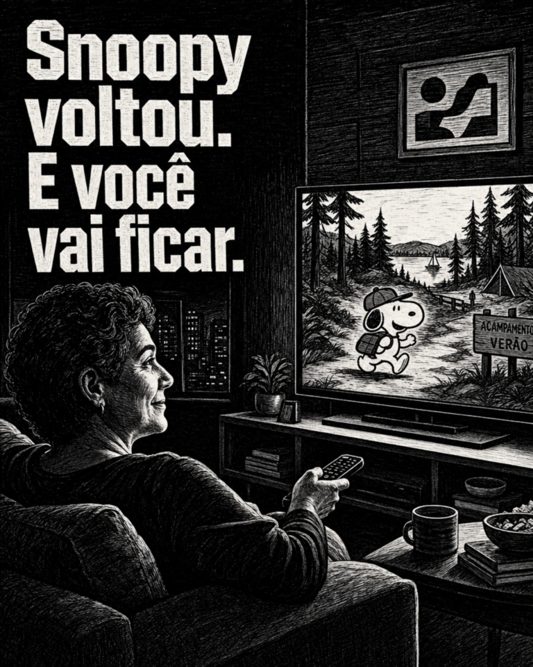 Adulto assistindo Camp Snoopy na TV