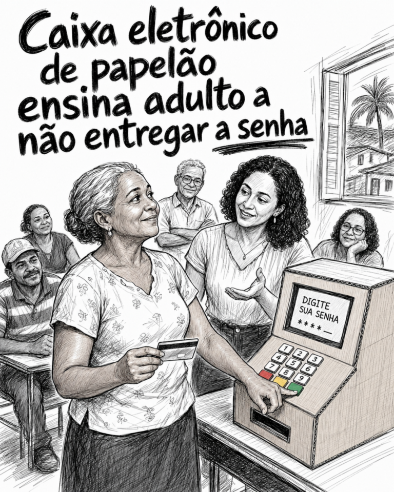 Adultos aprendem a usar caixa eletrônico com simulador de papelão