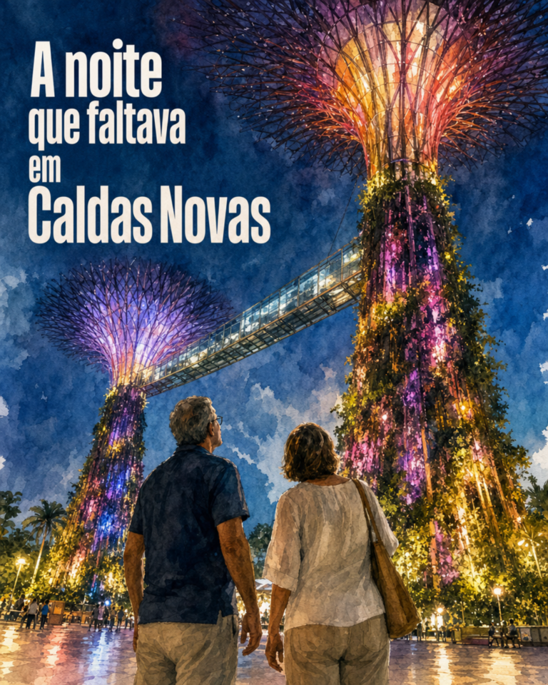 Árvores cenográficas do LÚMINA iluminadas à noite em Caldas Novas