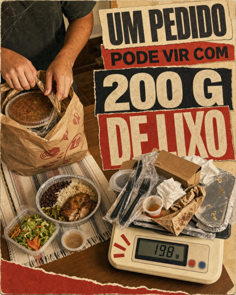 Saco de delivery e lixo ao lado