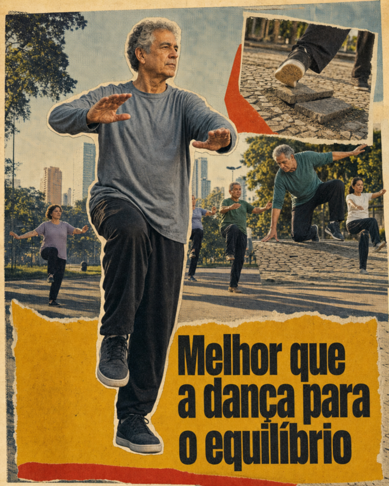 Pessoa praticando tai chi chuan em parque ao amanhecer