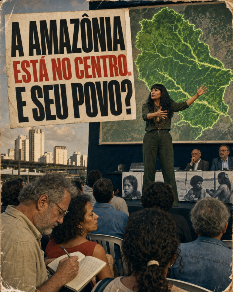 Ambientalista apresentando mapa da Amazônia no Encontro Futuro Vivo