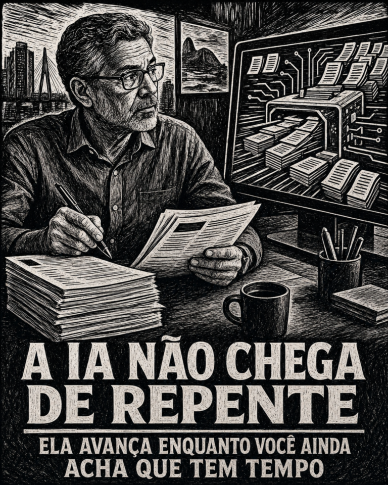 Adulto analisando notícias de IA no trabalho