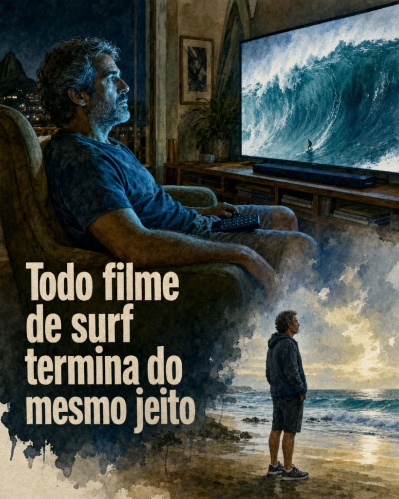 Casal assiste a filme de surf em casa com expressão de quem já quer ir à praia